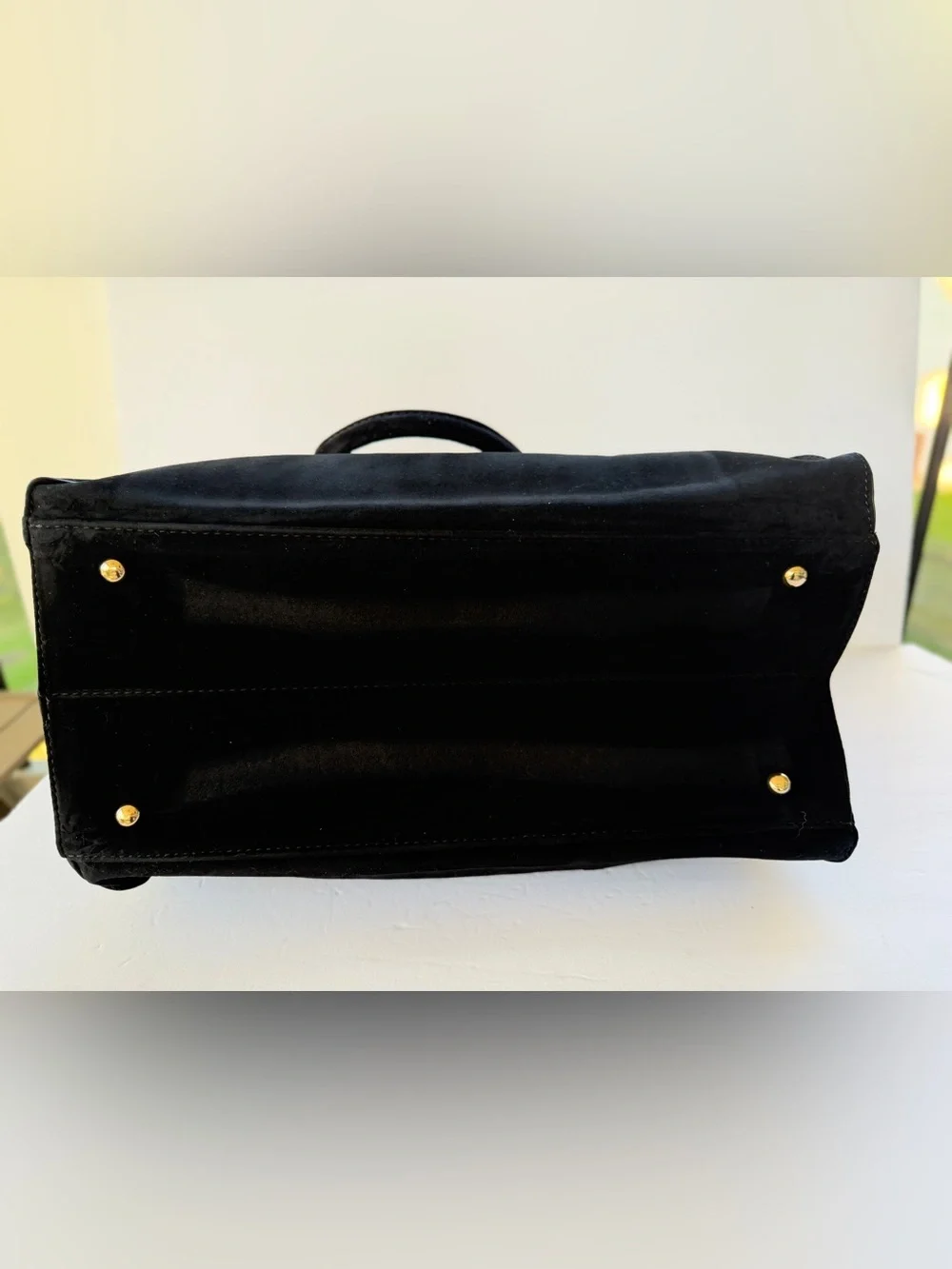 Black Top Handle Suede Satchel Handbag w/Buckle Detail Gold Hardware Zip Pocket